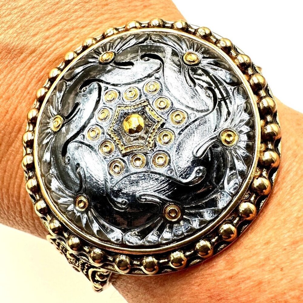 Amy Kahn Russell Womens Bracelet Bronze Glass Medallion Cuff 7 Inch Adjustable